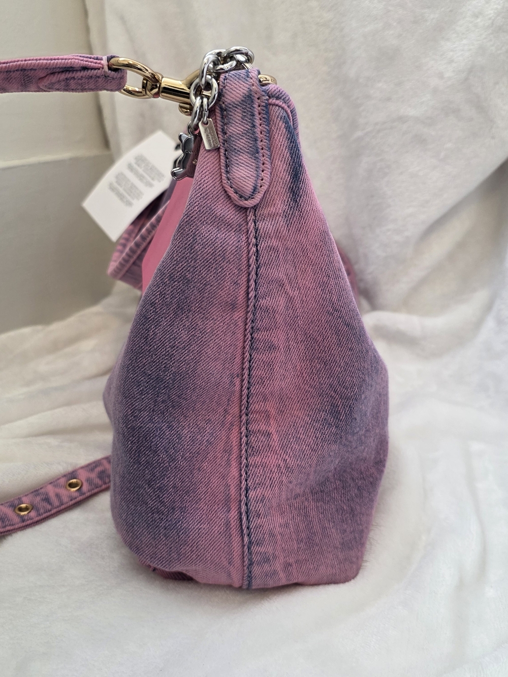 Custom Hand-Dyed Pink Coach Laurel Shoulder Bag | Reworked Denim with Charms - Picture 4 of 15